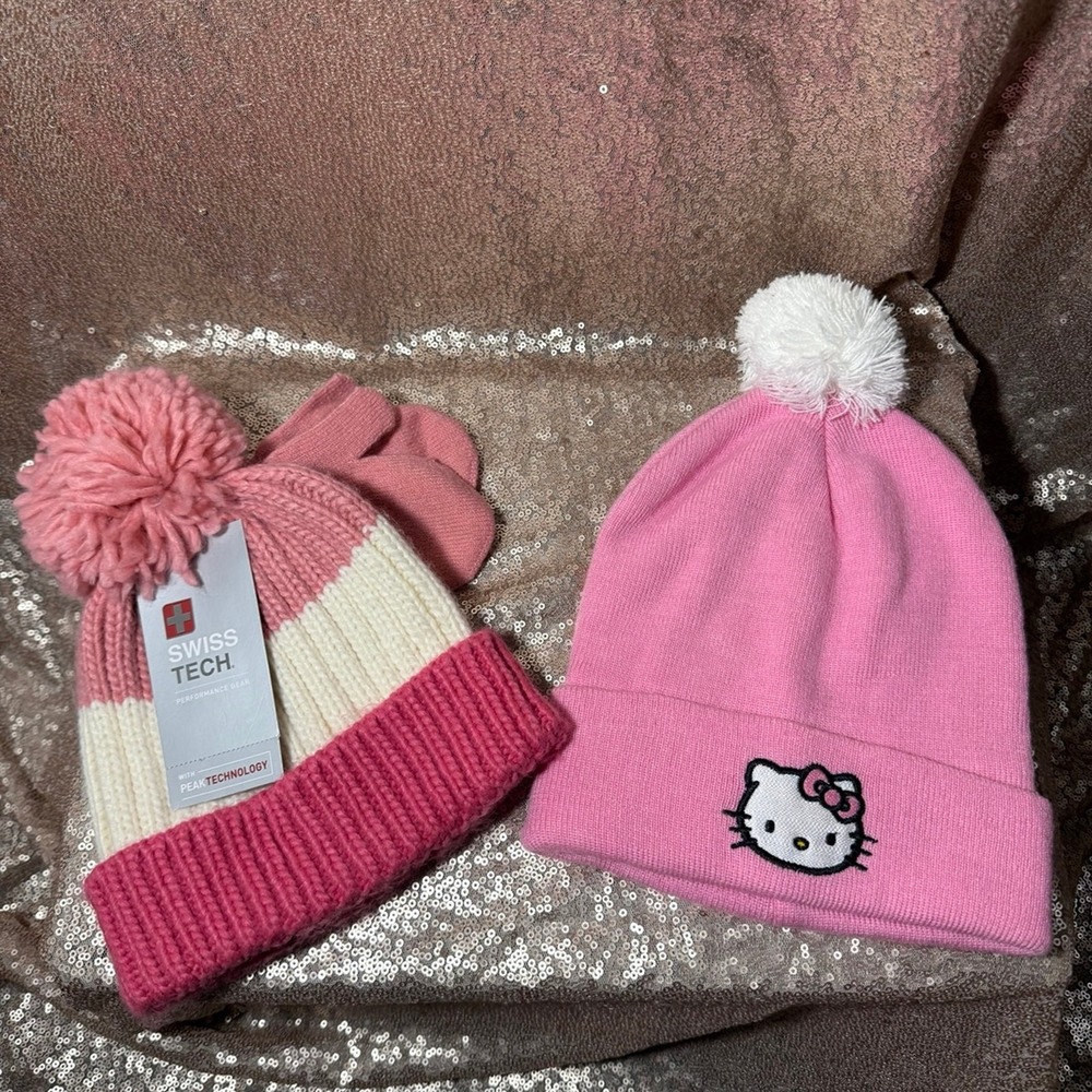 Girls' Winter Hat & Mittens Bundle – Brand New Swiss Tech Set & Hello Kitty Bean